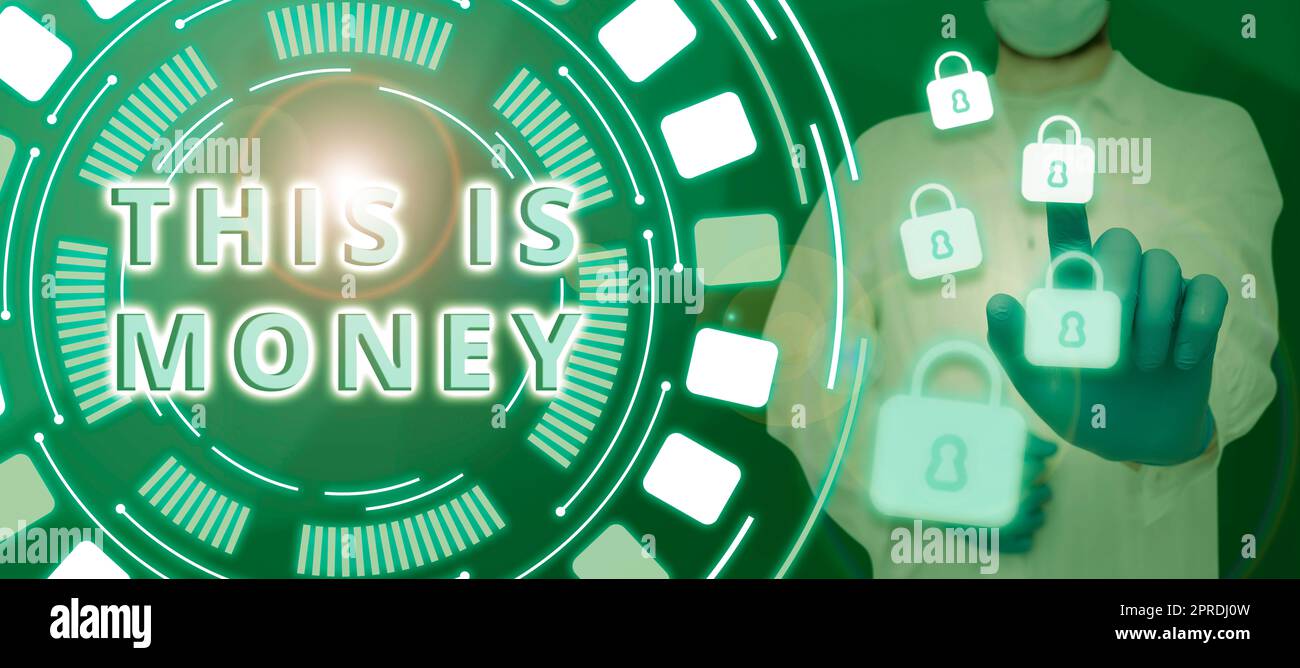 Signature manuscrite c'est de l'argent. Idée d'entreprise revenus importants provenant du travail ou de l'investissement revenus bons revenus Homme pointant le Smart Internet Computer Lock System gants sur les mains. Banque D'Images