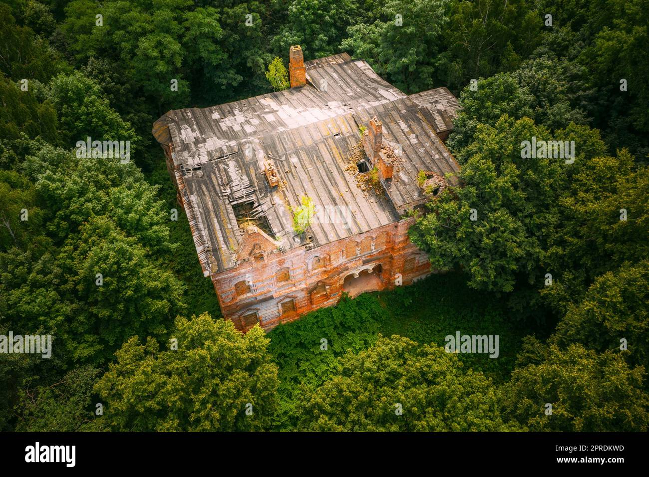 Dziemjanki, région de Gomel, Bélarus. Vue aérienne de la zone de réinstallation de Gerard Nicholas Tchernobyl, un manoir abandonné en ruine. Catastrophes de Tchernobyl. Site d'intérêt local et patrimoine Banque D'Images