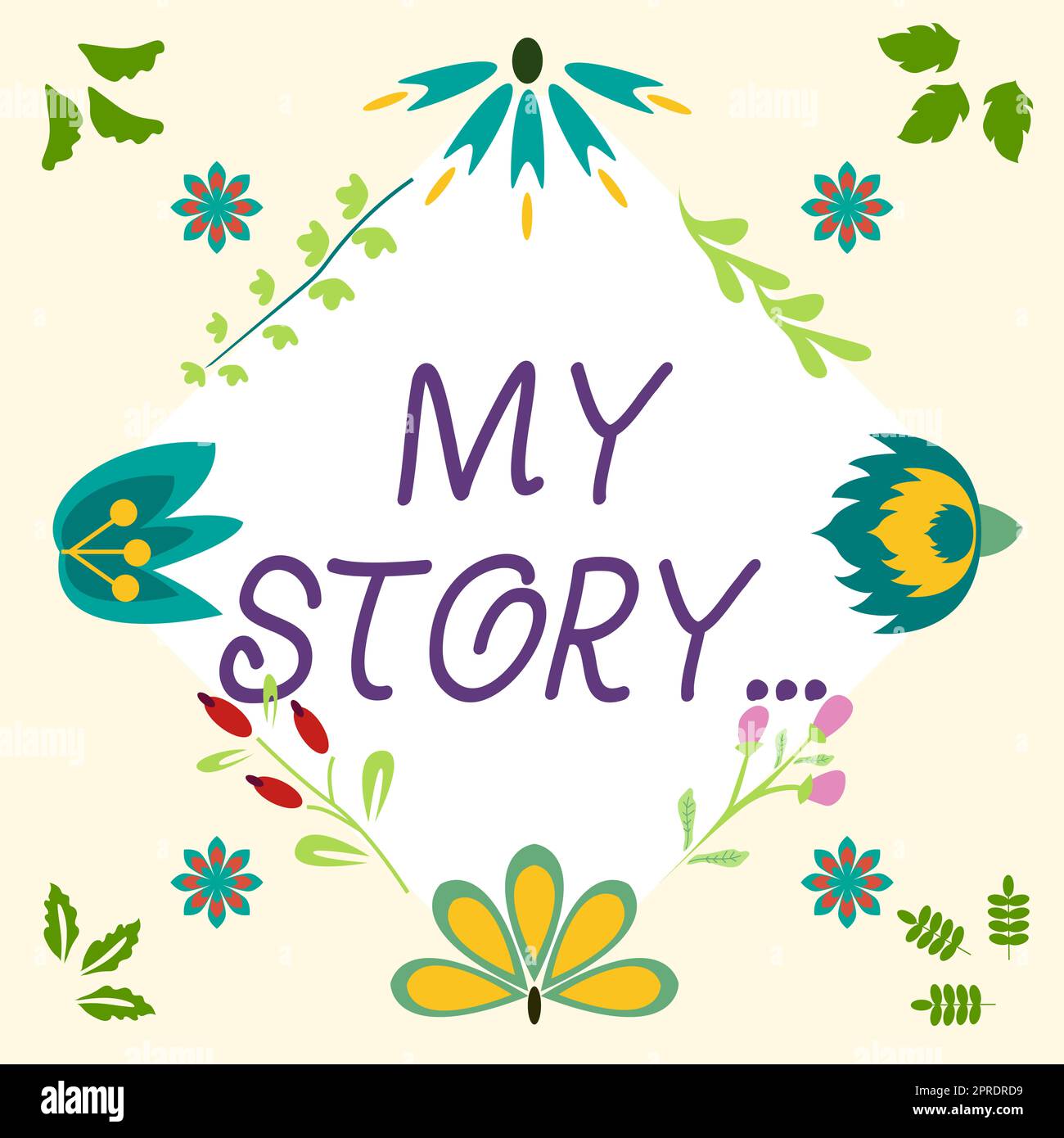 Texte montrant l'inspiration mon histoire Concept signification dire à quelqu'un ou aux lecteurs sur la façon dont vous avez vécu votre vie cadre décoré avec des fleurs colorées et de feuillages arrangés harmonieusement. Banque D'Images