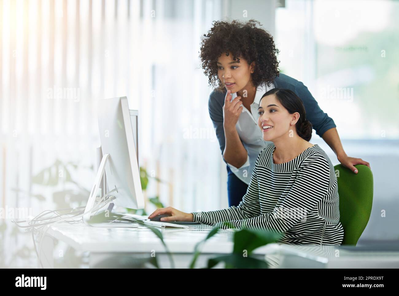 De jeunes créateurs travaillent ensemble sur un ordinateur à un bureau dans un bureau moderne. Les femmes dans la pensée de conception, la stratégie et la collaboration au travail sur un projet avec la technologie sur le lieu de travail. Banque D'Images