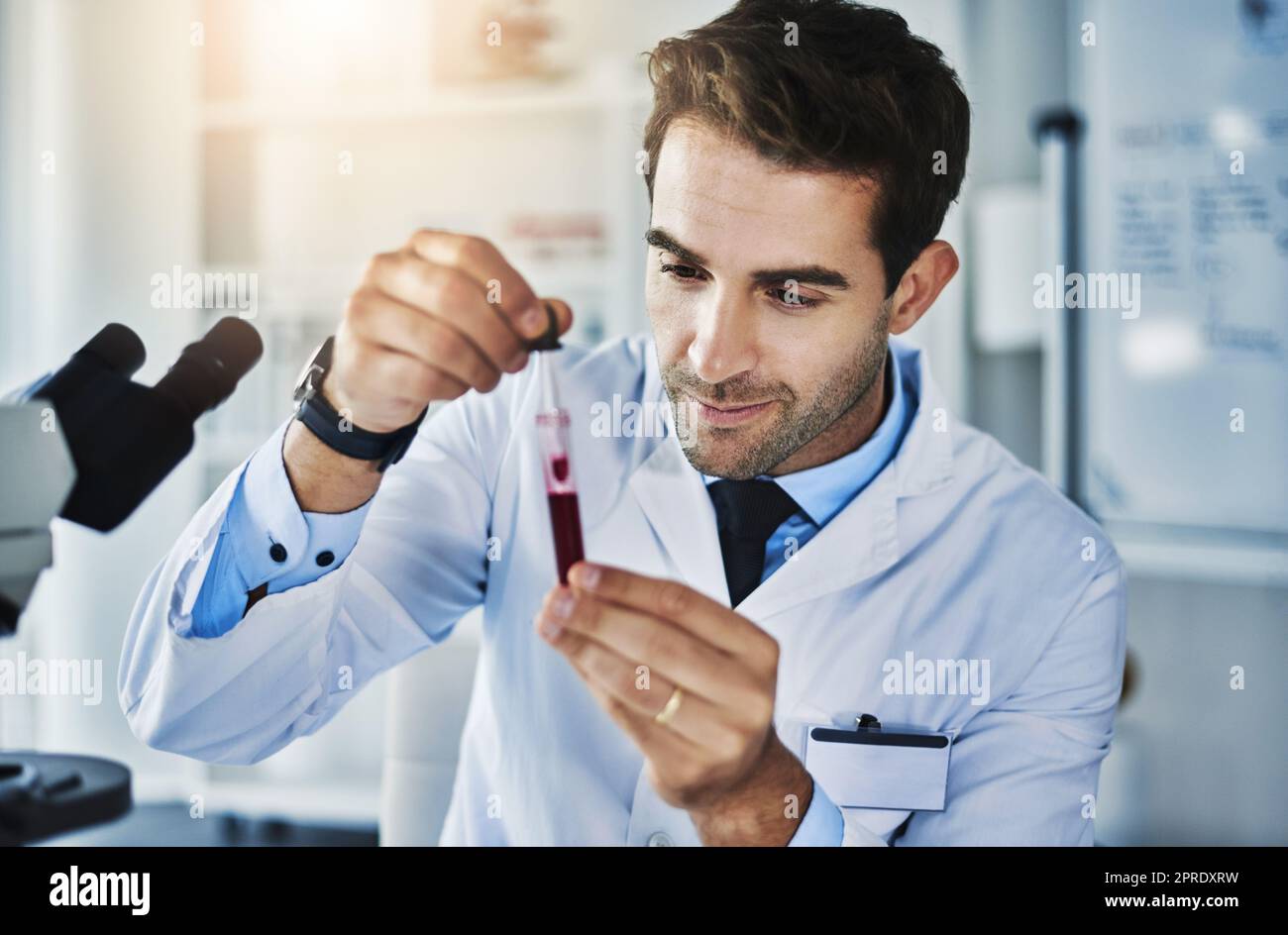 Un autre jour, un autre échantillon à tester. Un scientifique analysant des échantillons médicaux dans un laboratoire. Banque D'Images