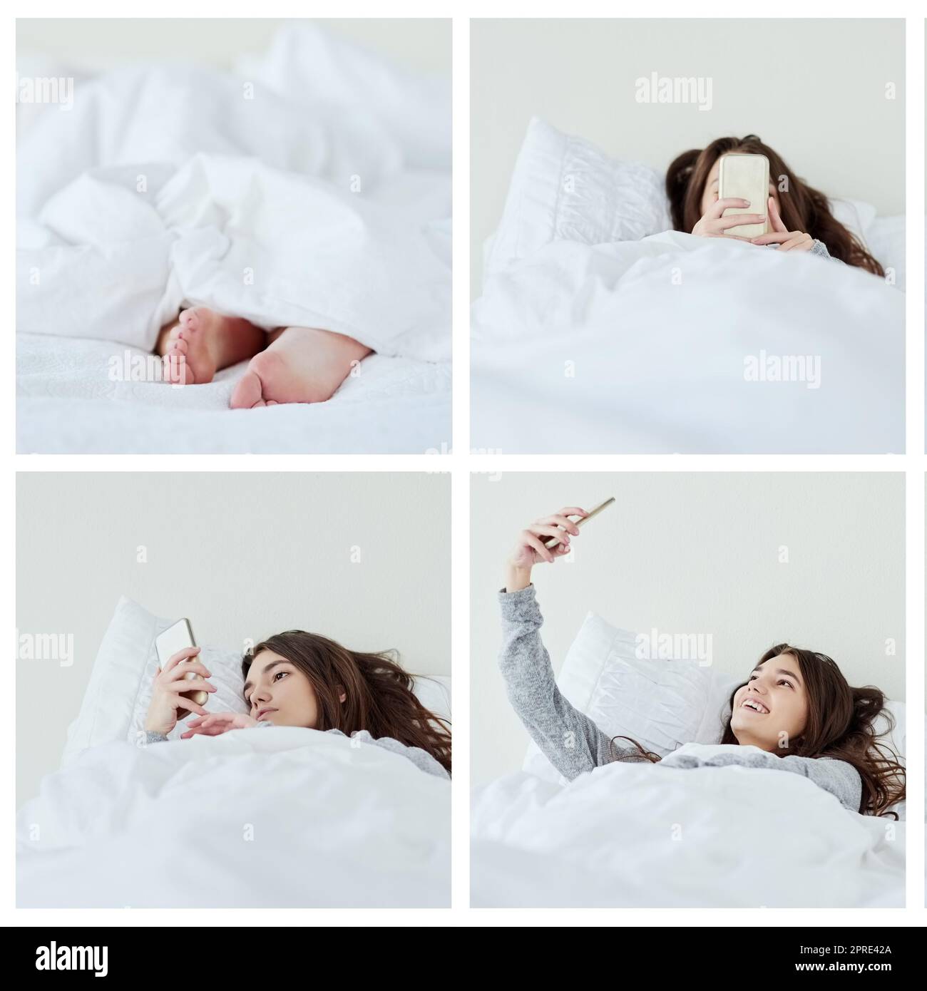 Juste moi et le lit aujourd'hui. Photo composite d'une jeune femme attirante occupée avec son téléphone tout en étant couché au lit à la maison pendant la journée. Banque D'Images