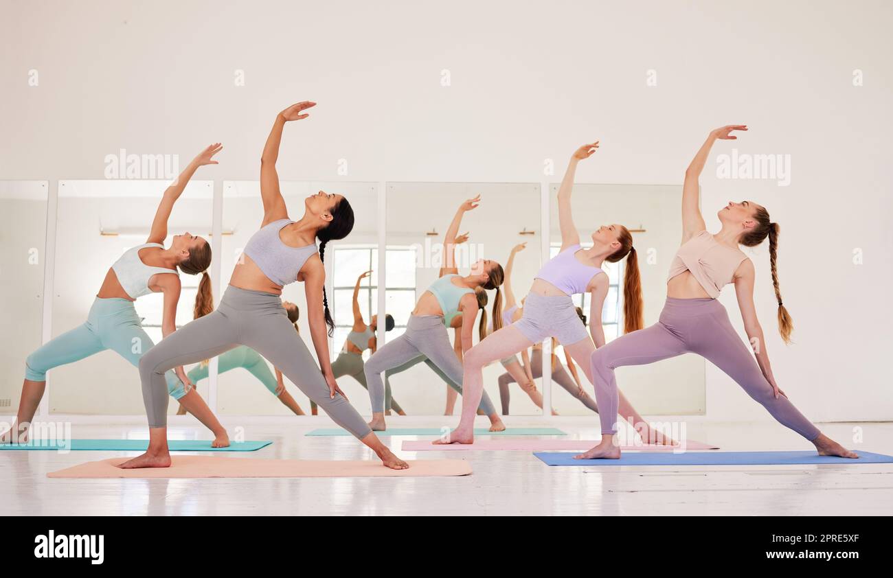 Cours de yoga ou club de femmes qui font de l'exercice et s'étirent uniquement pendant leur séance d'entraînement ou d'exercice du matin. Groupe de femmes calmes, en forme et actives s'entraîner ensemble et vivre un mode de vie sain Banque D'Images