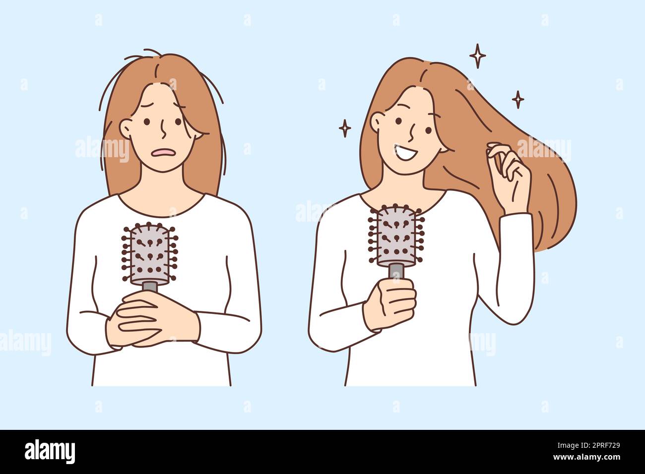 Jeune femme avant et après le traitement des cheveux. Client féminin montrant le résultat des procédures du salon de coiffure. Concept de beauté. Illustration vectorielle. Banque D'Images Jeune femme avant et après le traitement des cheveux. Client féminin montrant le résultat des procédures du salon de coiffure. Concept de beauté. Illustration vectorielle. Banque D'Images