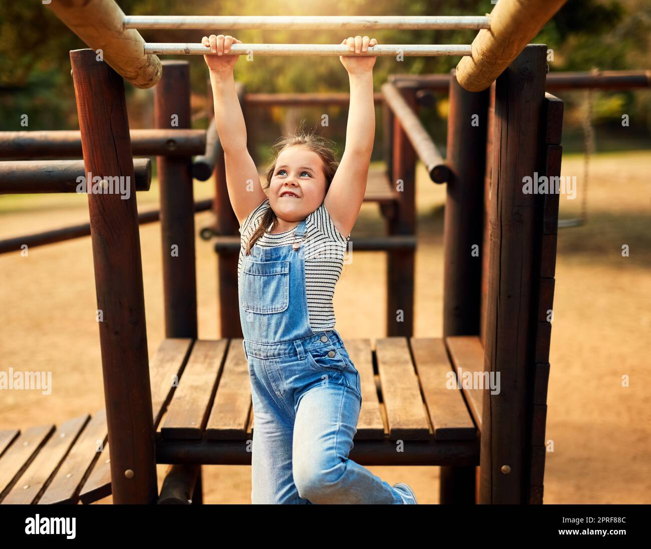 Jouer est une façon préférée d'apprendre pour les enfants. Une petite fille jouant sur la jungle gym au parc. Banque D'Images