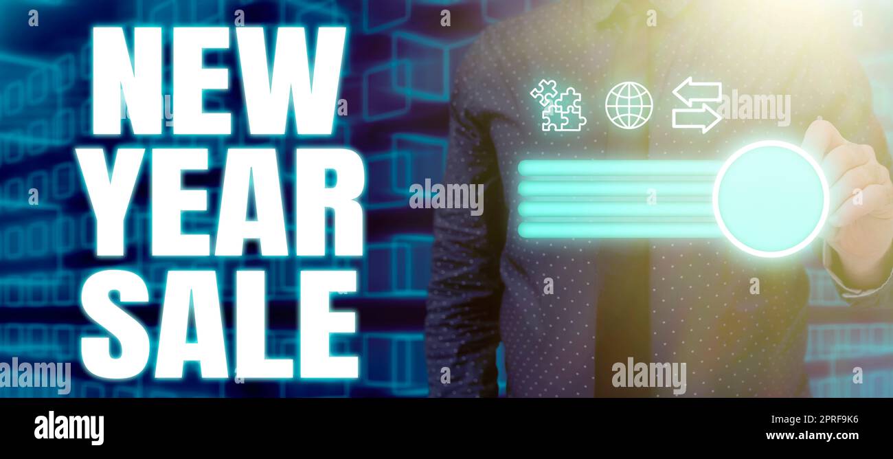 Texte d'écriture solde du nouvel an. Vitrine des affaires réductions finales de la saison des fêtes offres de réductions de prix Banque D'Images