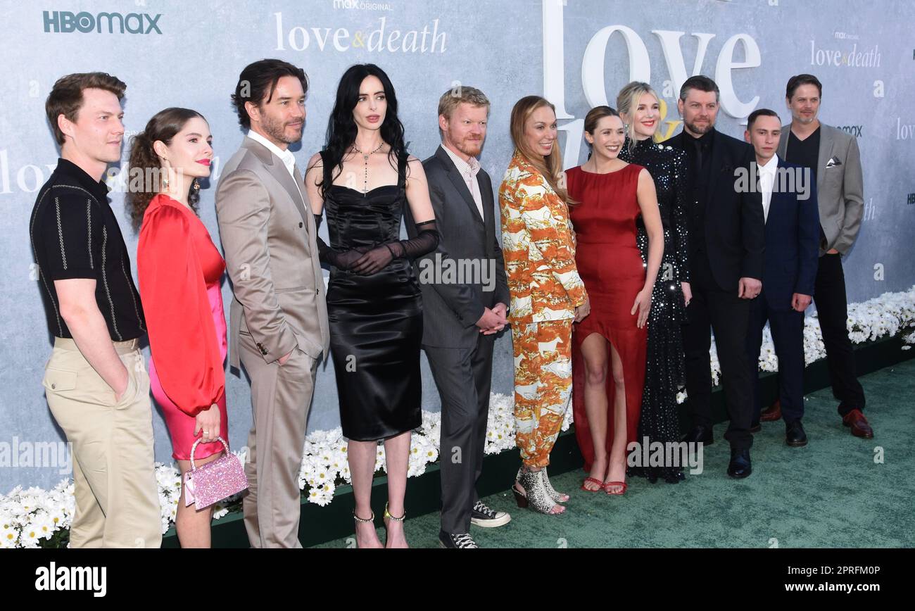 Los Angeles, Californie, Etats-Unis 26th avril 2023 (G-D) acteur Adam Cropper, acteur Tom Pelphrey, actrice Krysten Ritter, acteur Jesse Plemons, actrice Elizabeth Marvel, L'actrice Elizabeth Olsen, l'actrice Lily Rabe, l'acteur Patrick Fugit, l'acteur Keir Gilchrist et l'acteur Richard C. long assistent à la première de la série limitée Max Original « Love & Death » à la Director's Guild of America on 26 avril 2023 à Los Angeles, Californie, États-Unis. Photo de Barry King/Alay Live News Banque D'Images