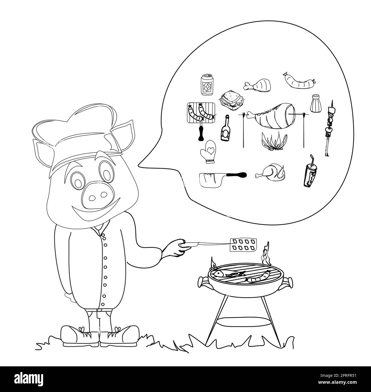 Cartoon pig ayant un barbecue. Banque D'Images