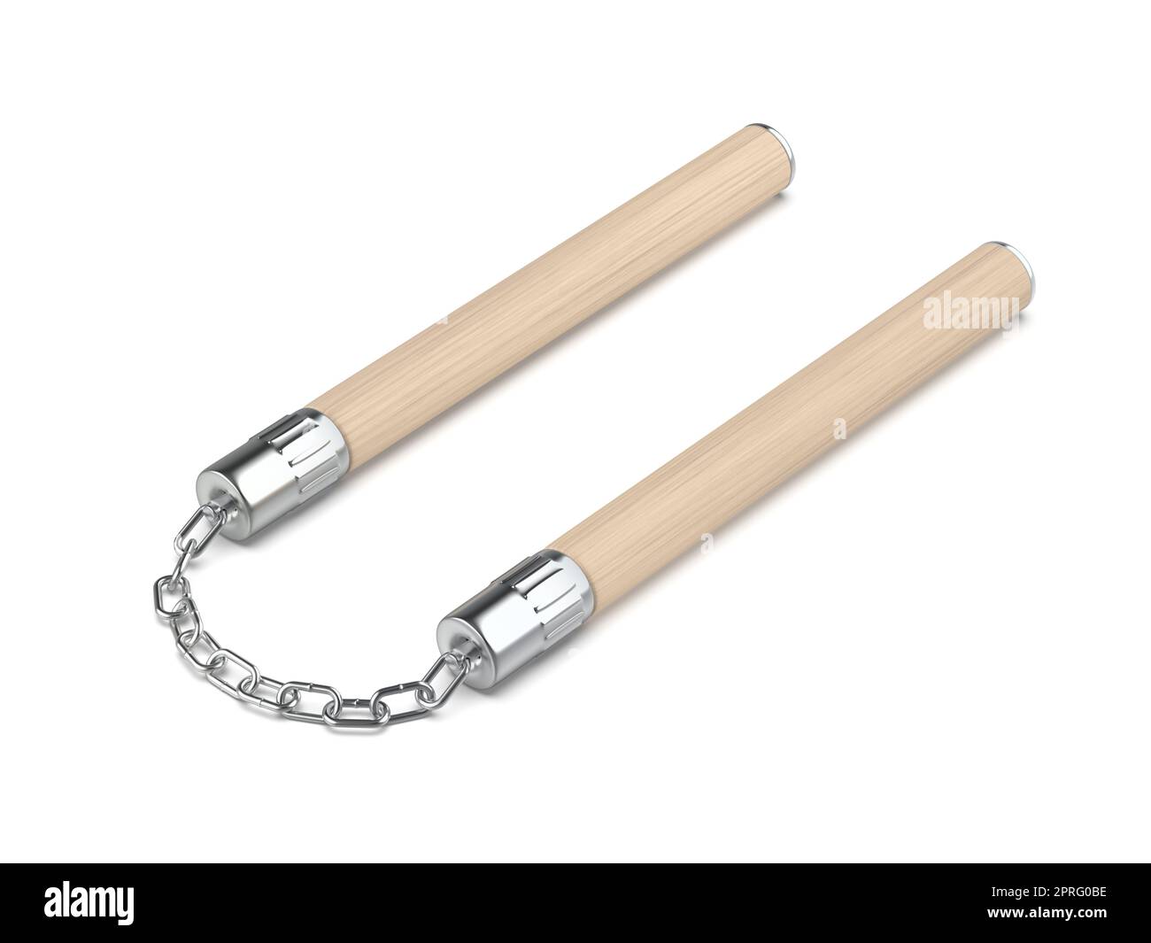 Nunchaku en bois avec chaîne sur fond blanc Banque D'Images