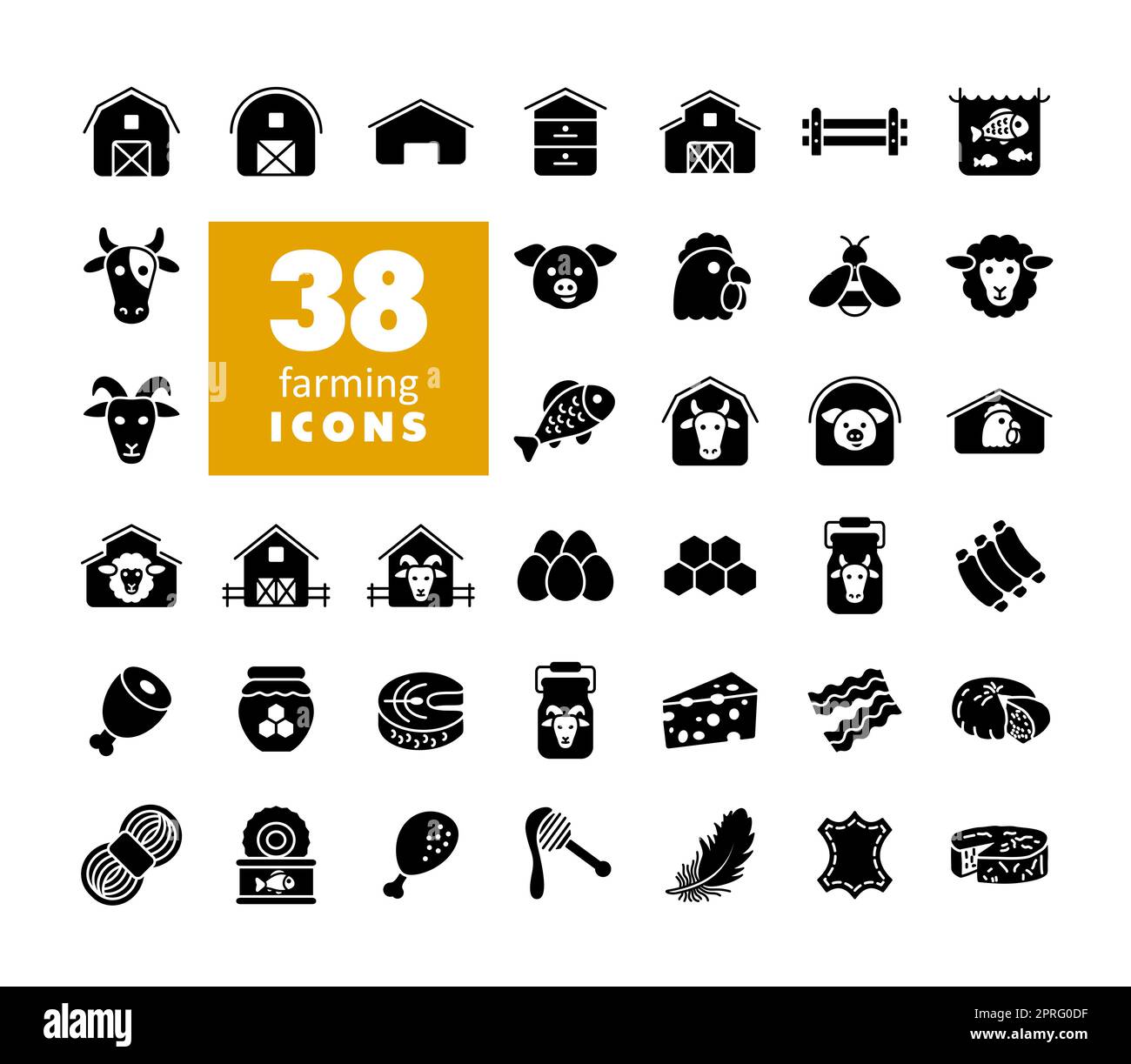 Jeu d'icônes de glyphes d'animaux de ferme. Panneau d'alimentation animale. Symbole graphique pour la conception de votre site Web, votre logo, votre application, votre interface utilisateur. Illustration vectorielle, EPS10. Banque D'Images