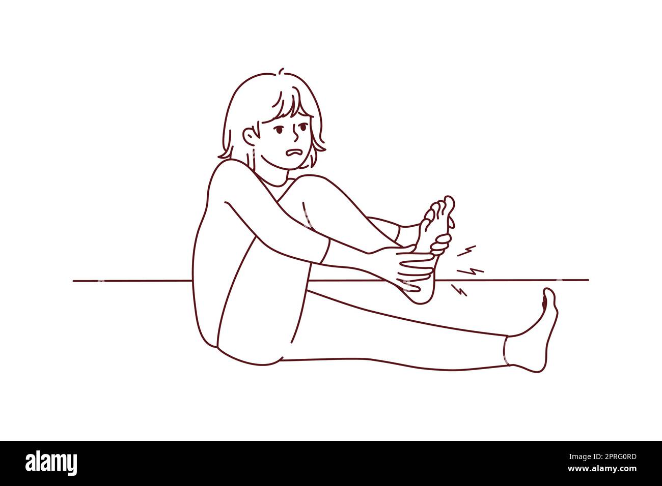 Une femme malsaine souffre de crampes dans la jambe. La femme malmenée lutte avec la douleur dans la semelle. Santé et médecine. Illustration vectorielle. Banque D'Images