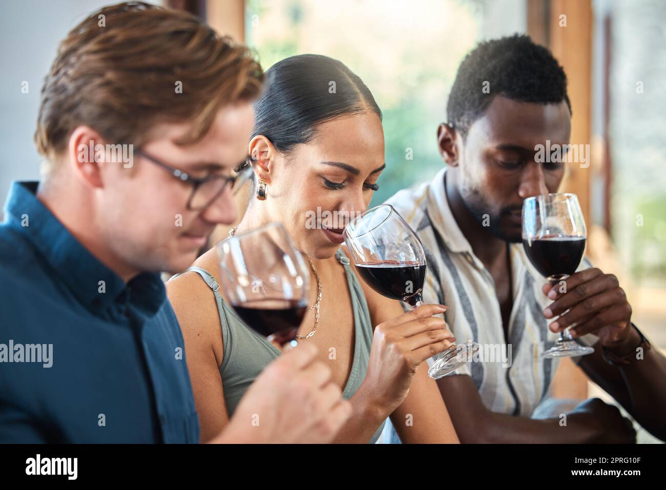 Diversité, luxe et dégustation de vins entre amis dans un restaurant ou un vignoble, sentant l'alcool dans un verre ensemble. Les jeunes gens insouciants se bondisent et s'amusent, en profitant d'une visite des vins dans une distillerie Banque D'Images