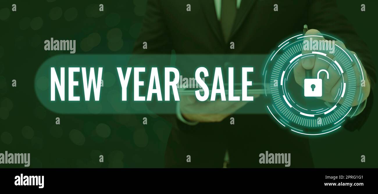 Texte d'écriture solde du nouvel an. Mot écrit sur les réductions de prix de la dernière saison des fêtes Banque D'Images