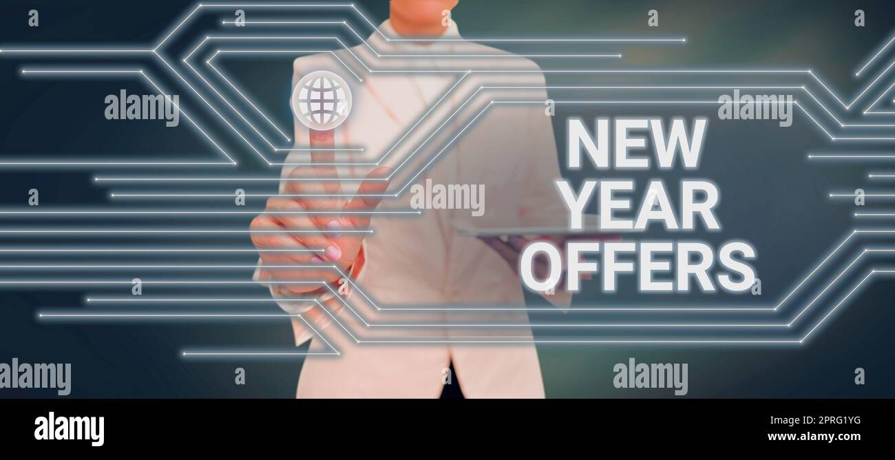 Affiche textuelle indiquant les offres du nouvel an. Vitrine des affaires réductions finales de la saison des fêtes réductions de prix ventes l'homme pointant le doigt tenant le trophée acclamer atteindre le succès du projet. Banque D'Images