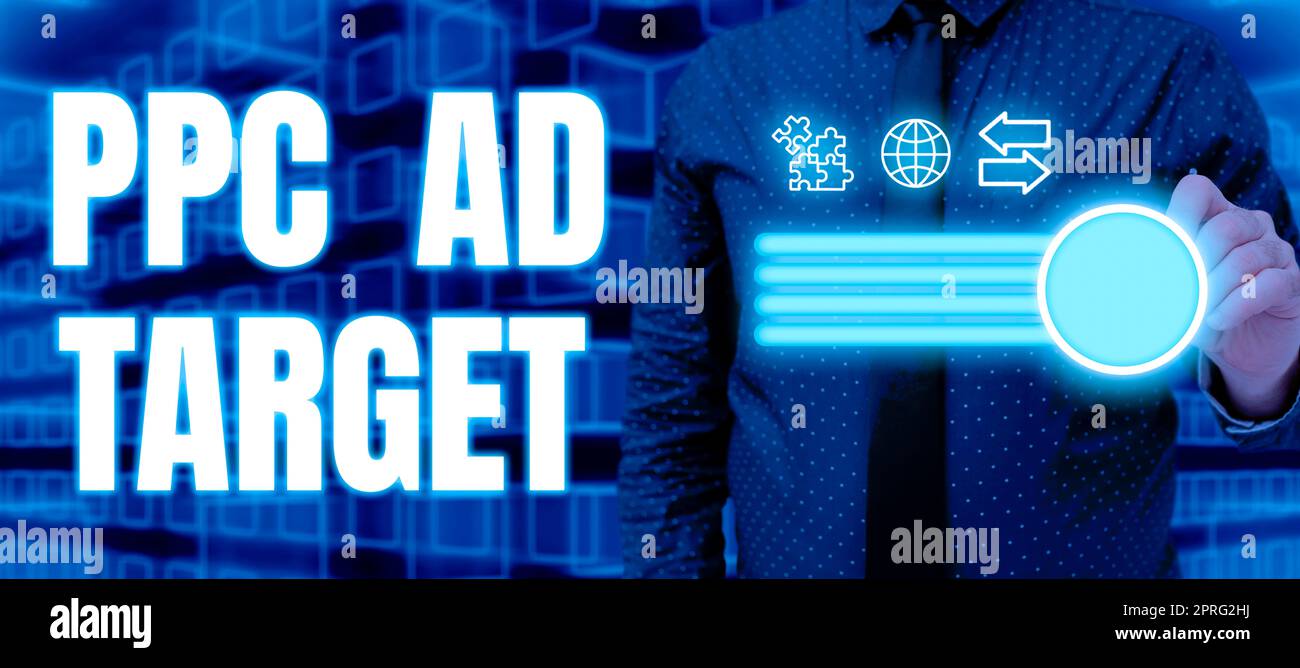 Légende de la présentation de la publicité PPC Target. Aperçu d'entreprise Pay Per Click publicité stratégies de marketing en ligne campagne Banque D'Images