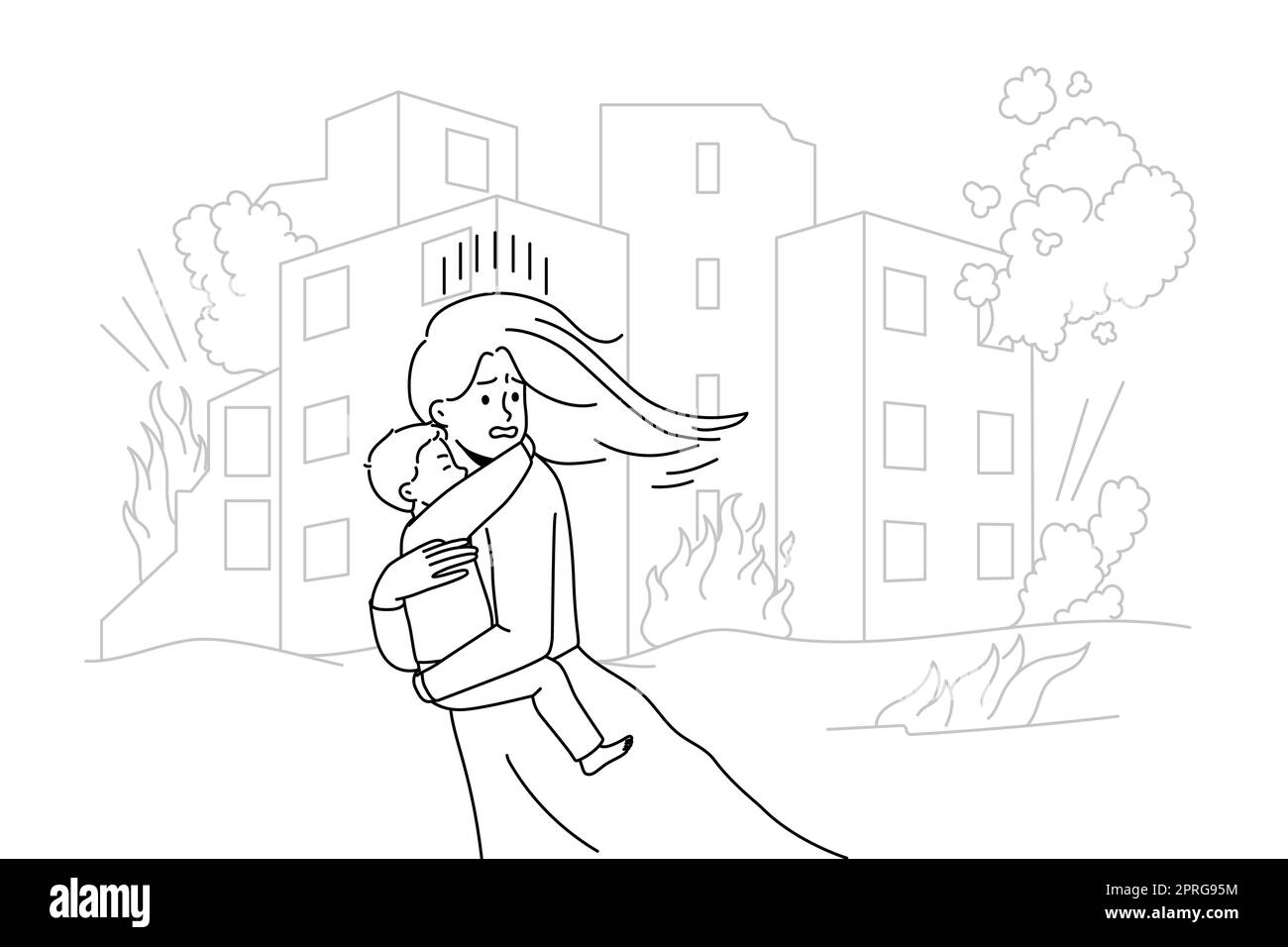 Une jeune femme effrayée avec un enfant dans les mains qui court à des bombes dans la ville. Mère terrifiée avec enfant échapper brûler la maison sur le feu. Illustration vectorielle. Banque D'Images