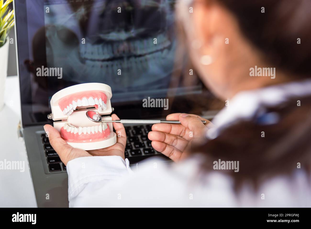 Dentiste modèle de dent blanche saine et outil miroir explorer en dentiste expliquant au patient Banque D'Images