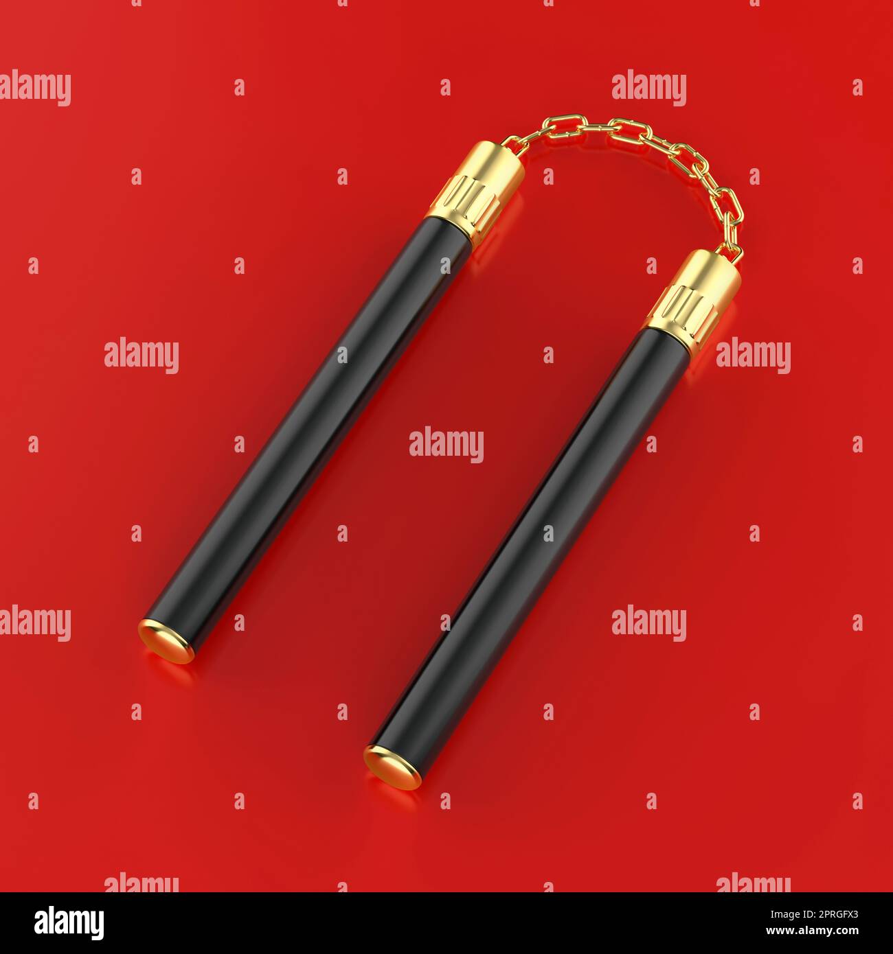 Nunchaku noir avec chaîne d'or sur fond rouge brillant Banque D'Images