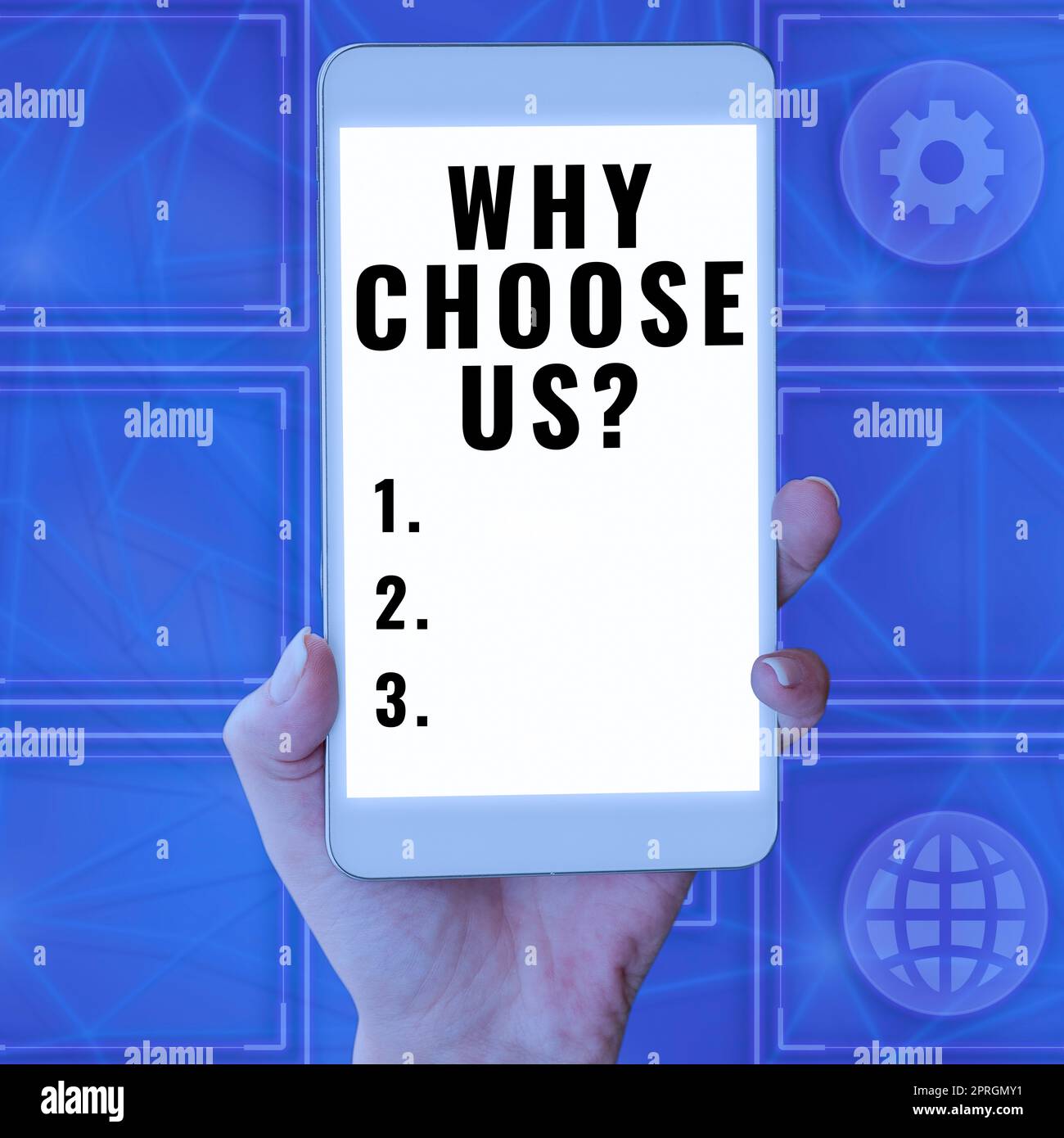 Légende conceptuelle Pourquoi nous choisir question, Word pour les raisons de choisir notre marque plutôt que d'autres arguments Banque D'Images