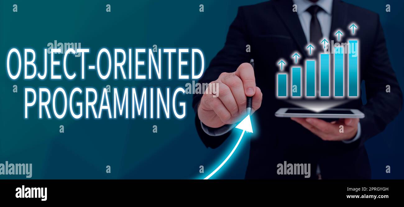 Affiche affichant la programmation orientée objet. Objets de modèle Word for Language plutôt que des actions bulle de parole avec messages importants à côté de Loupe sur le plancher. Banque D'Images