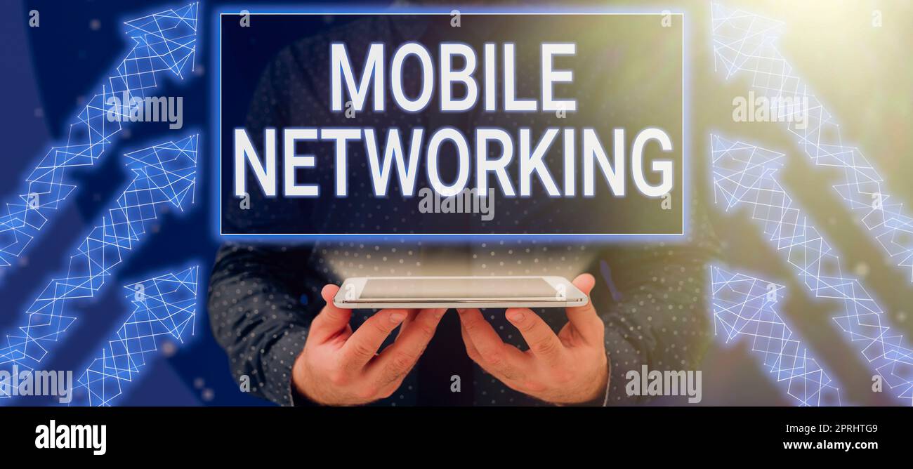 Légende conceptuelle réseau mobile réseau de communication où la dernière liaison est sans fil. Concept signification réseau de communication où la dernière liaison est sans fil Banque D'Images