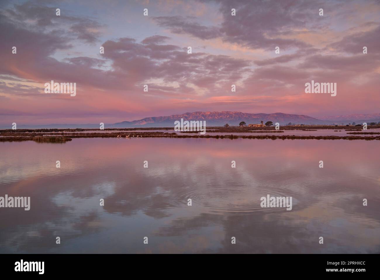 Chaîne de montagnes de Montsià vue de près de l'isthme Barra del Trabucador avec son reflet sur les eaux de la baie d'Alfacs dans le delta de l'Ebre (Espagne) Banque D'Images