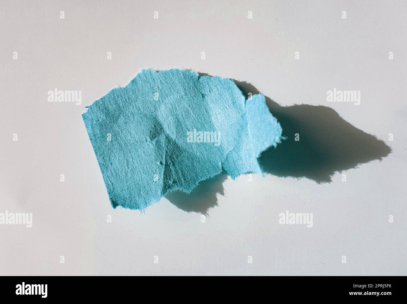 Un morceau de papier bleu ou des morceaux de papier déchirés avec une ombre dure sur un fond blanc, vue de dessus Banque D'Images