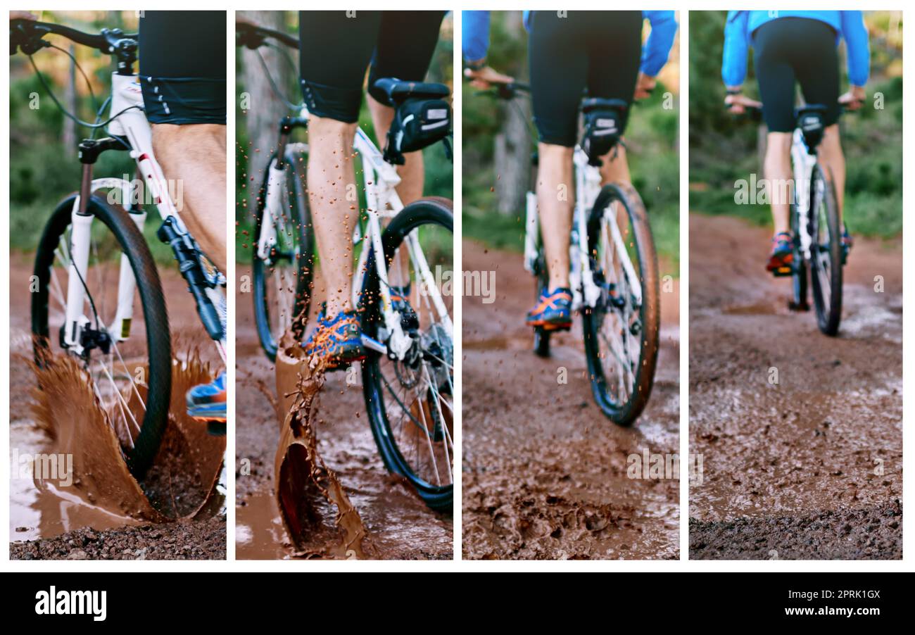 Conquérir le sentier. Image composite d'un cycliste qui suit un sentier de VTT boueux. Banque D'Images
