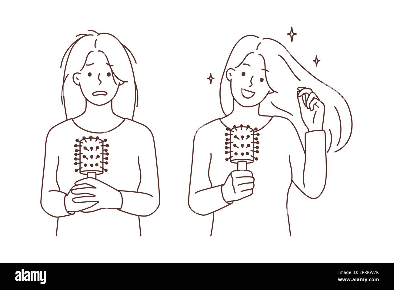 Jeune femme avant et après le traitement des cheveux. Client féminin montrant le résultat des procédures du salon de coiffure. Concept de beauté. Illustration vectorielle. Banque D'Images Jeune femme avant et après le traitement des cheveux. Client féminin montrant le résultat des procédures du salon de coiffure. Concept de beauté. Illustration vectorielle. Banque D'Images