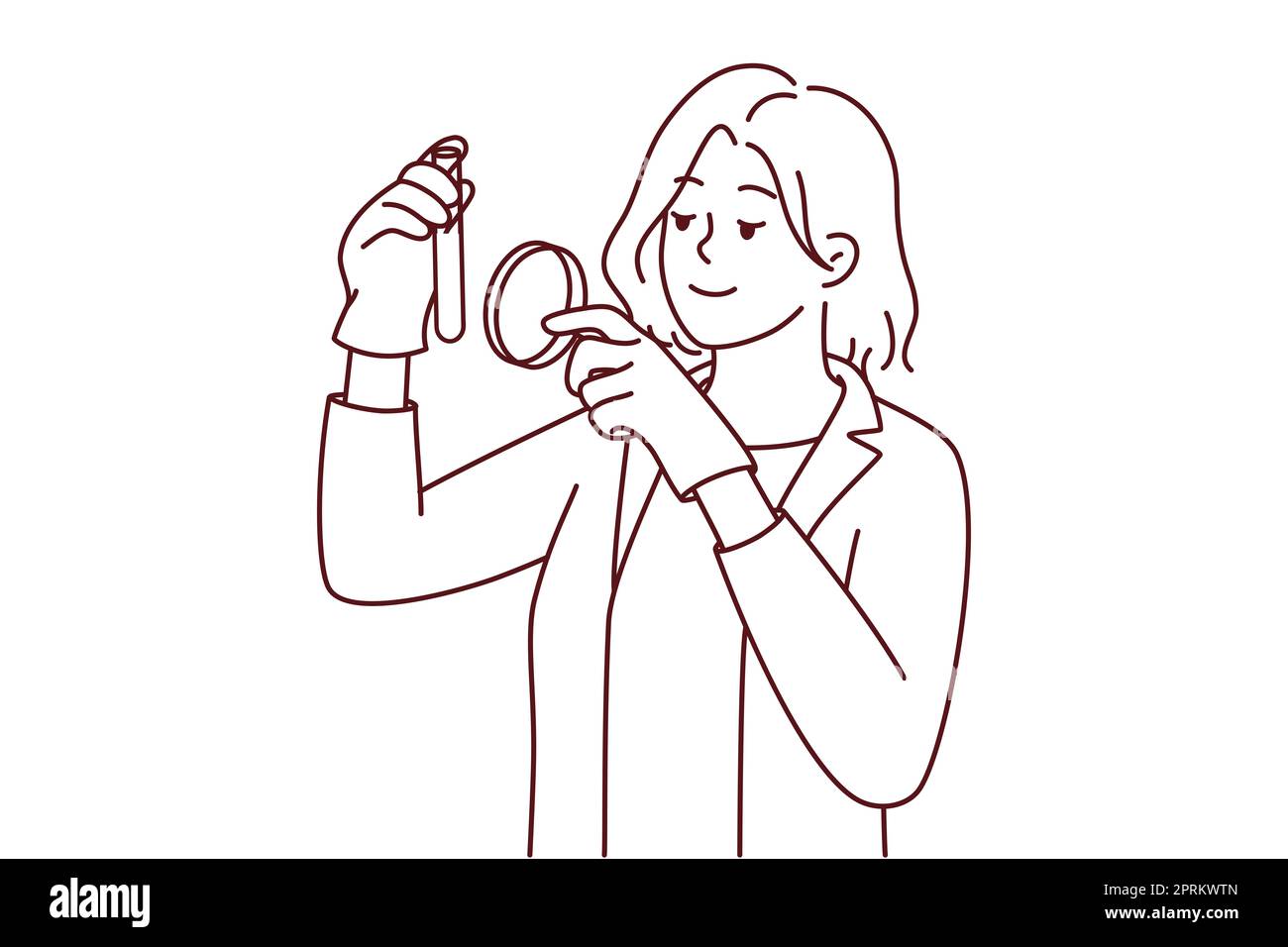 Femme scientifique en uniforme médical blanc tube d'exploration avec loupe. Femme chercheuse analyse des échantillons de laboratoire avec loupe. Vecteur illu Banque D'Images