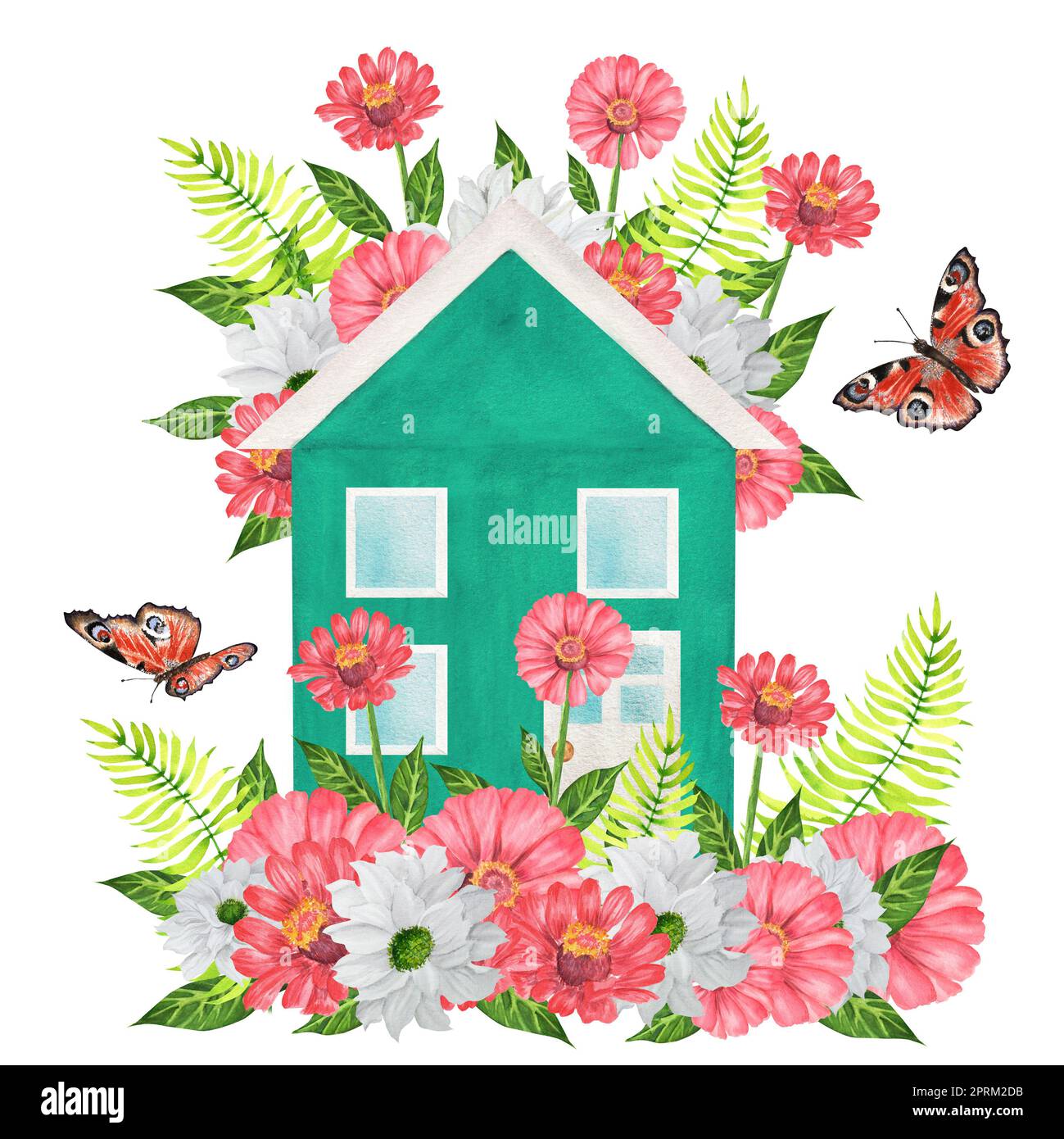 Maison d'aquarelle dessinée à la main entourée de fleurs et de papillons Banque D'Images