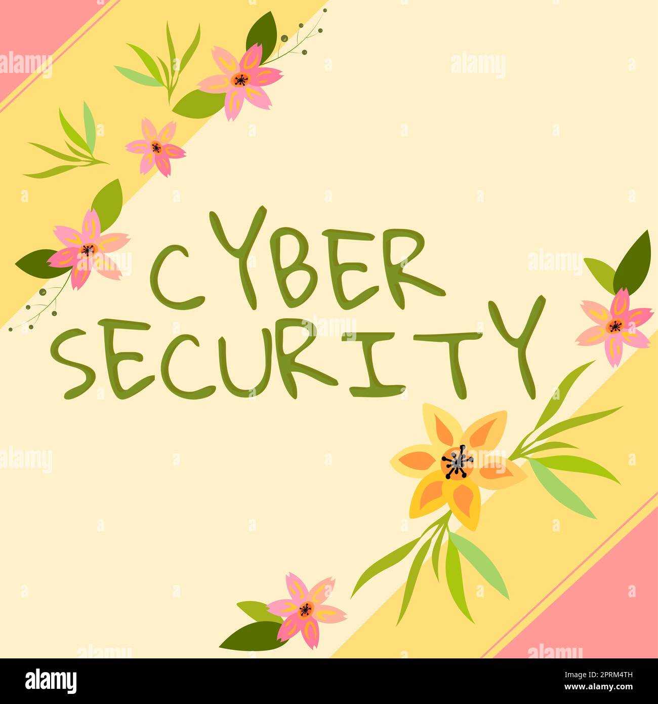 Signature manuscrite Cyber sécurité, mot pour la planification d'urgence prévision d'un sinistre ou d'un incident cadre avec feuilles et fleurs autour et important Banque D'Images