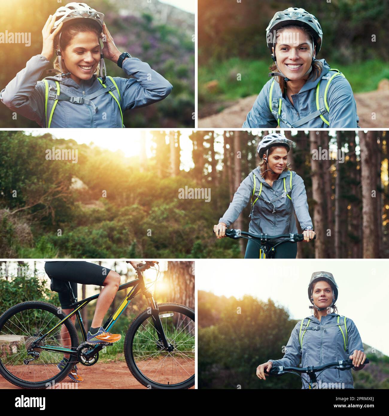 Vélo dans la montagne. Image composite d'une jeune femme VTT. Banque D'Images