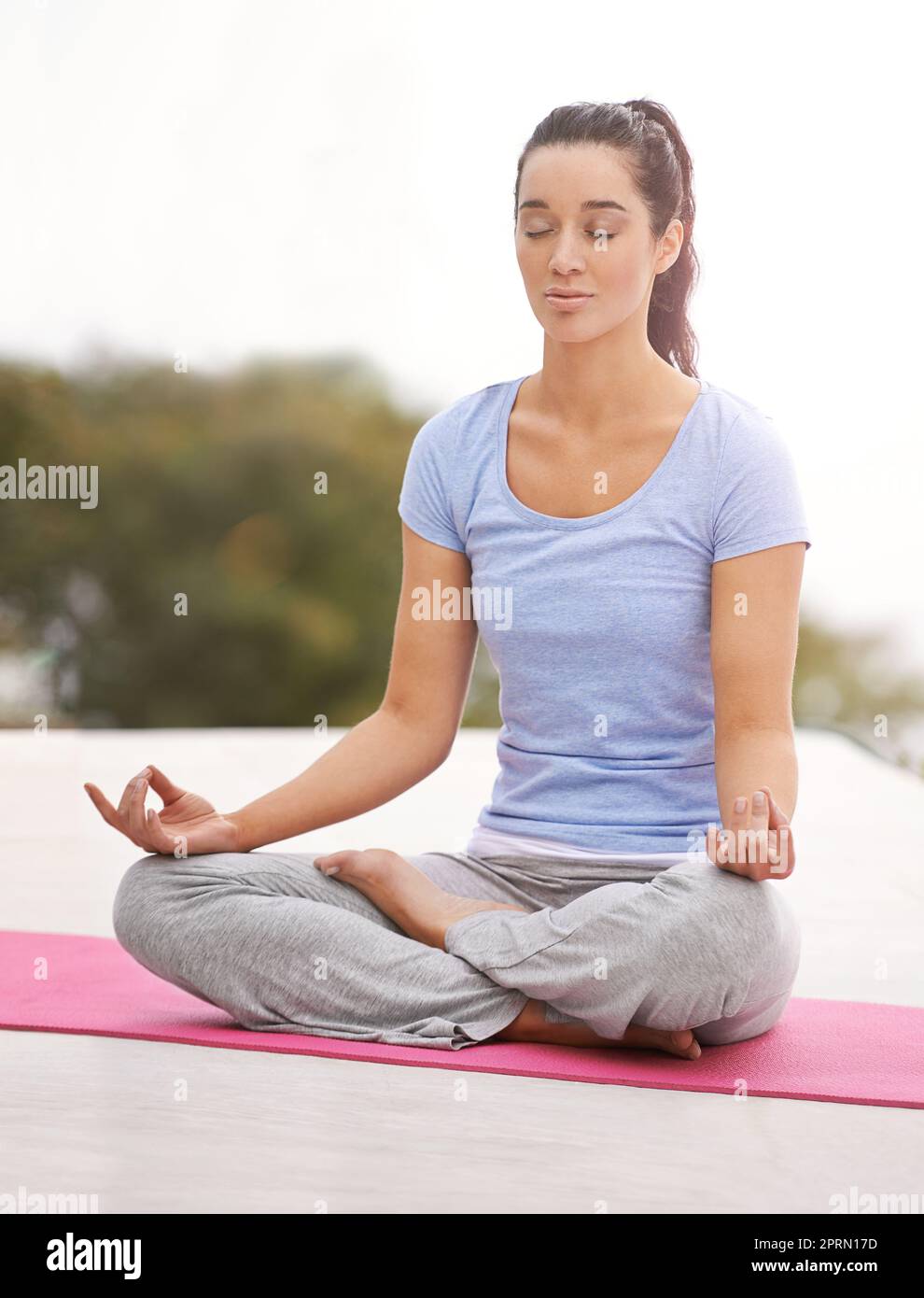 Devenir un avec la nature. Prise de vue en longueur d'une jeune femme faisant du yoga à l'extérieur. Banque D'Images