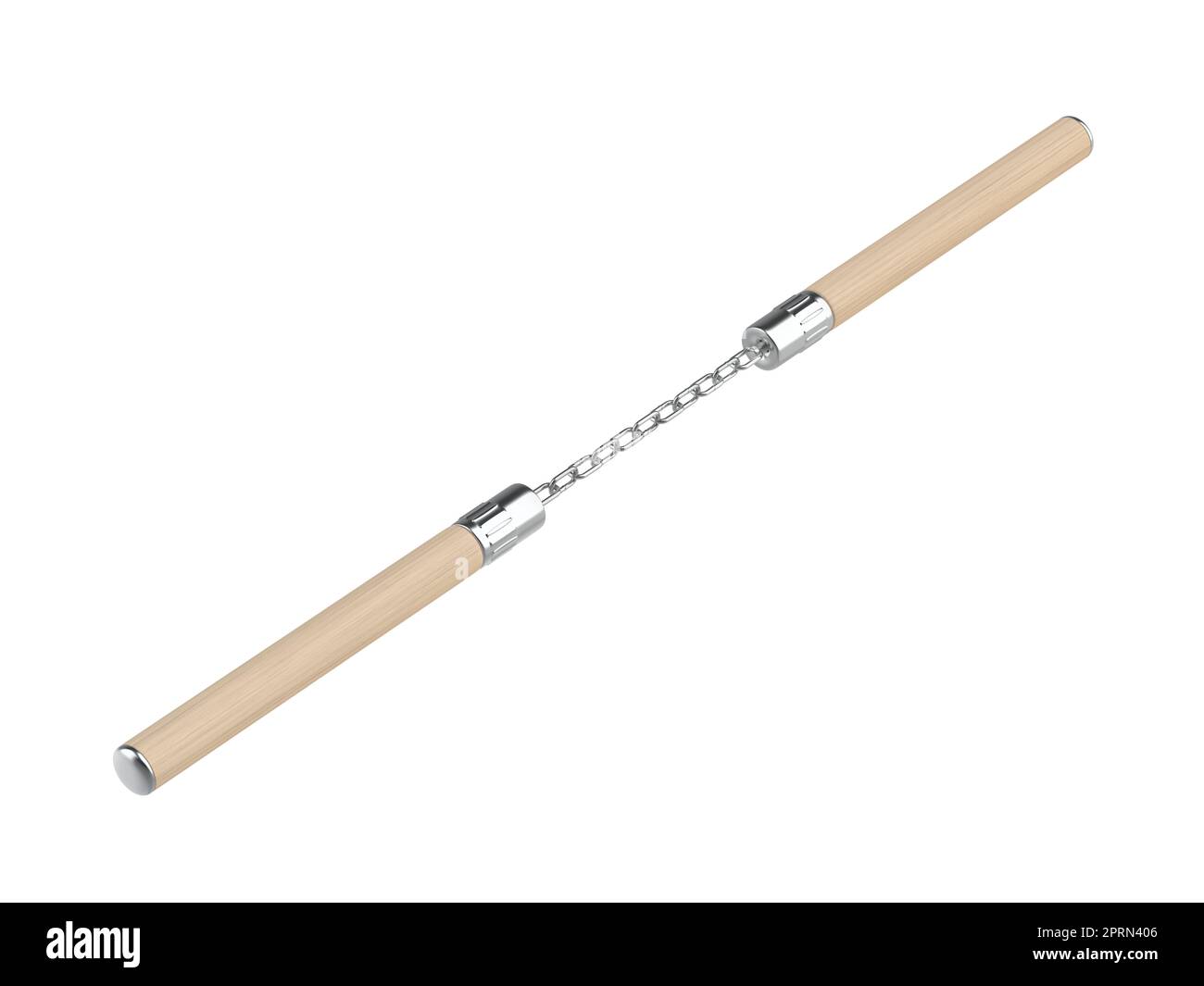 Nunchaku en bois avec chaîne, isolé sur fond blanc Banque D'Images