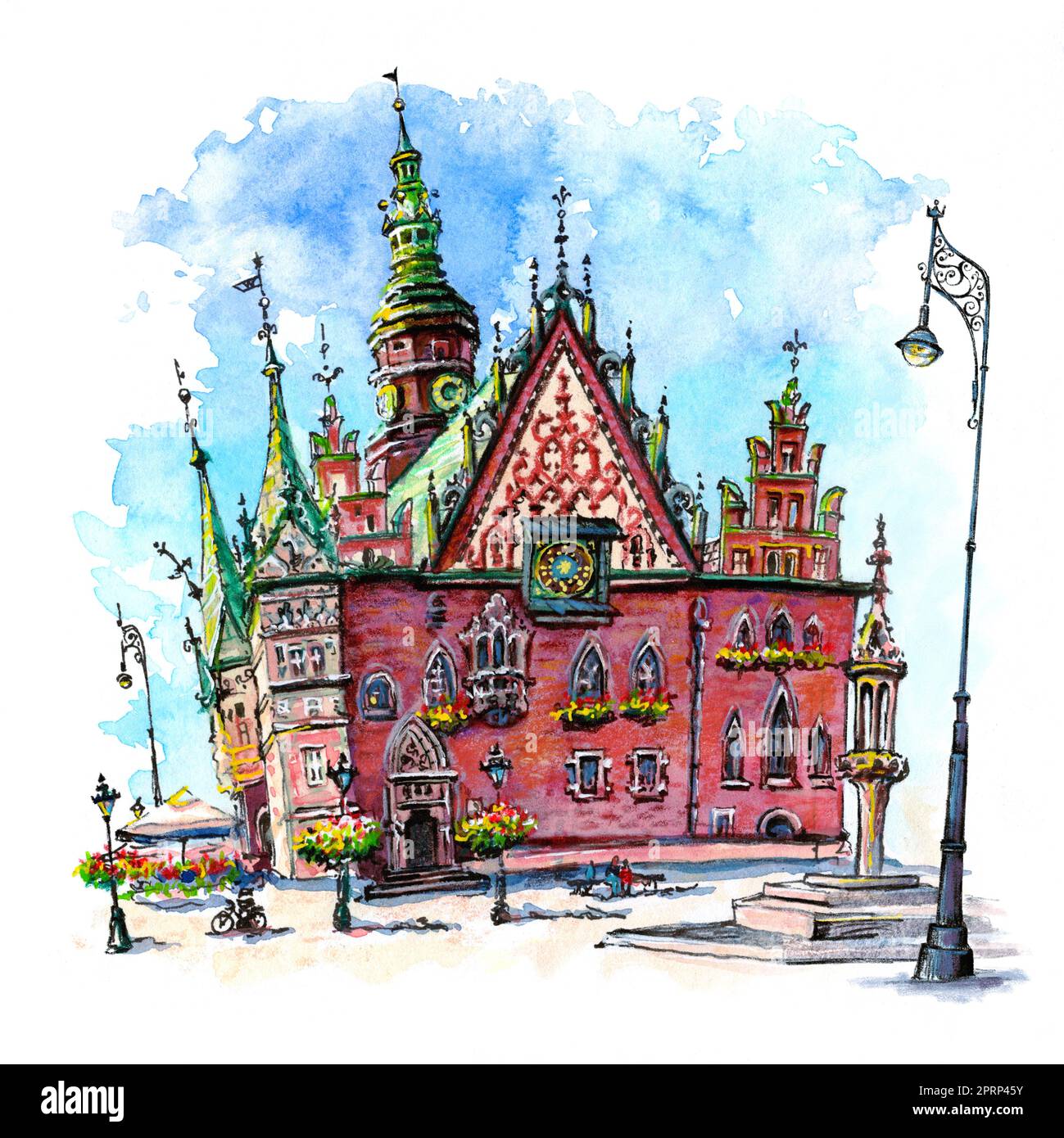 Croquis aquarelle de la place du marché de Wroclaw dans la vieille ville de Wroclaw, Pologne. Banque D'Images