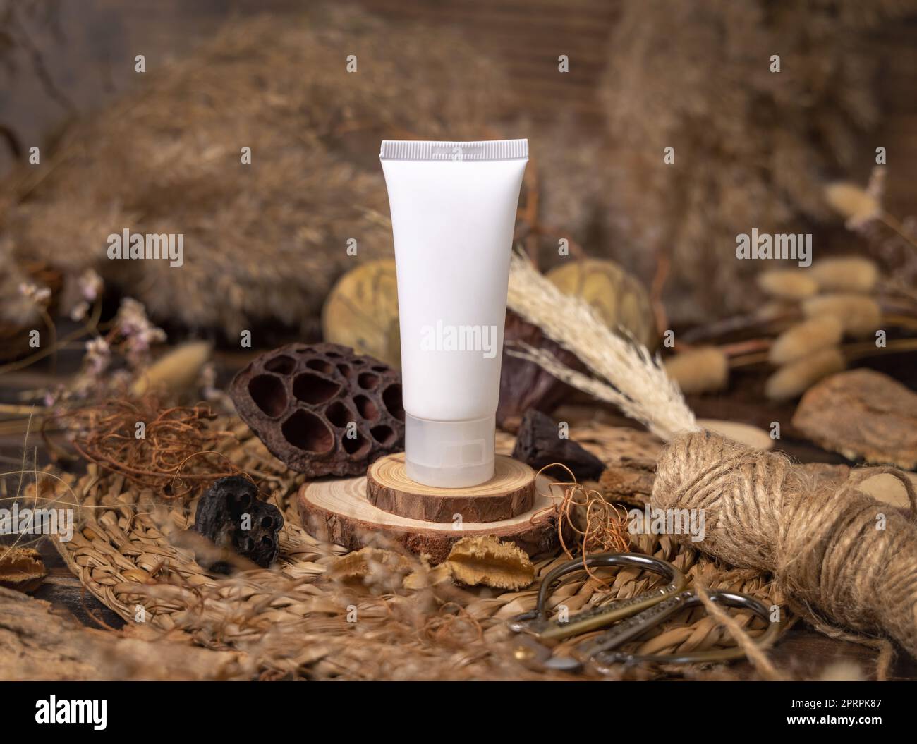 Tube de crème en plastique blanc sur bois près des décorations naturelles closeup. Maquette d'emballage cosmétique Banque D'Images