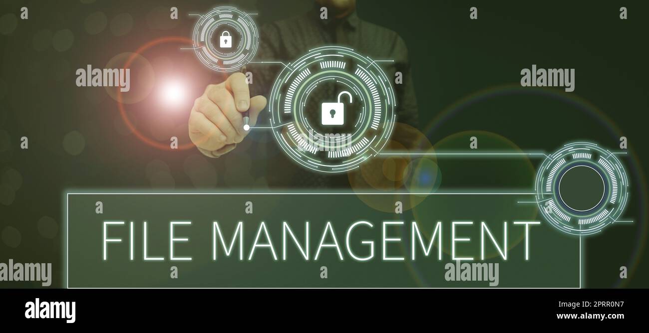 Légende de texte présentant File ManagementProgramme d'ordinateur qui fournit une interface utilisateur pour gérer les données. Mot écrit sur un programme informatique qui fournit une interface utilisateur pour gérer les données Banque D'Images