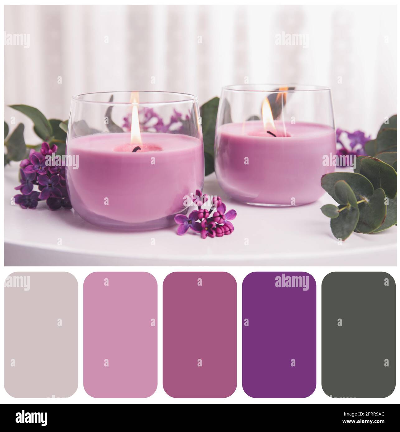 Palette de couleurs adaptée à la photo de bougies allumées dans des supports en verre et de fleurs sur une table blanche Banque D'Images