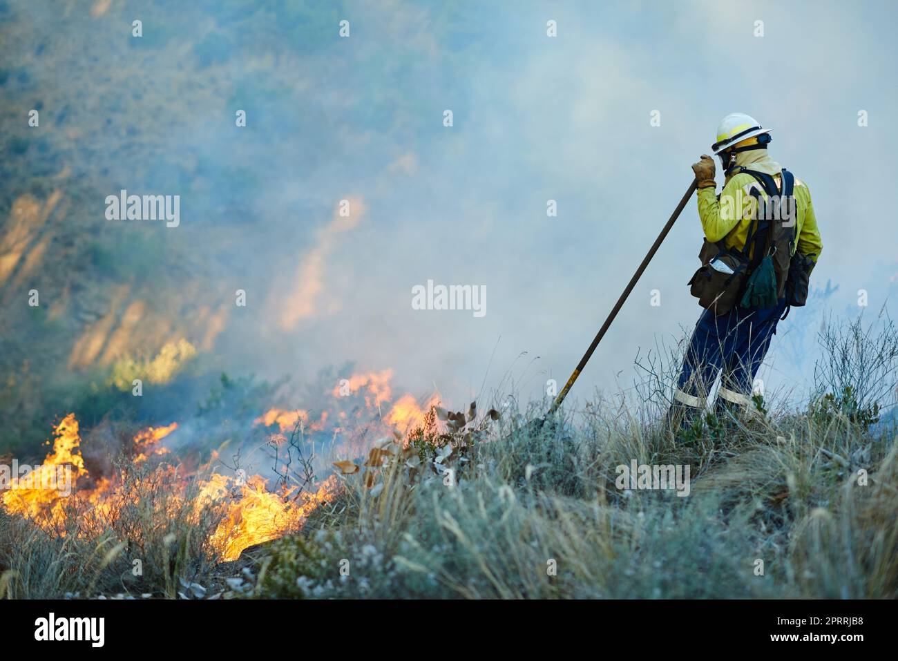 Combattre le bon combat contre le feu. pompiers combattant un feu sauvage Banque D'Images