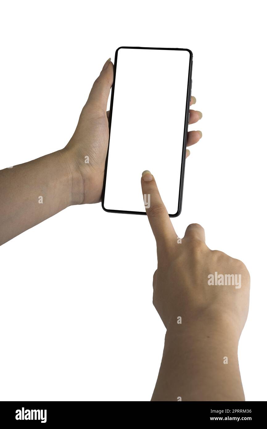 un téléphone portable dans la main femelle sur un fond transparent Banque D'Images