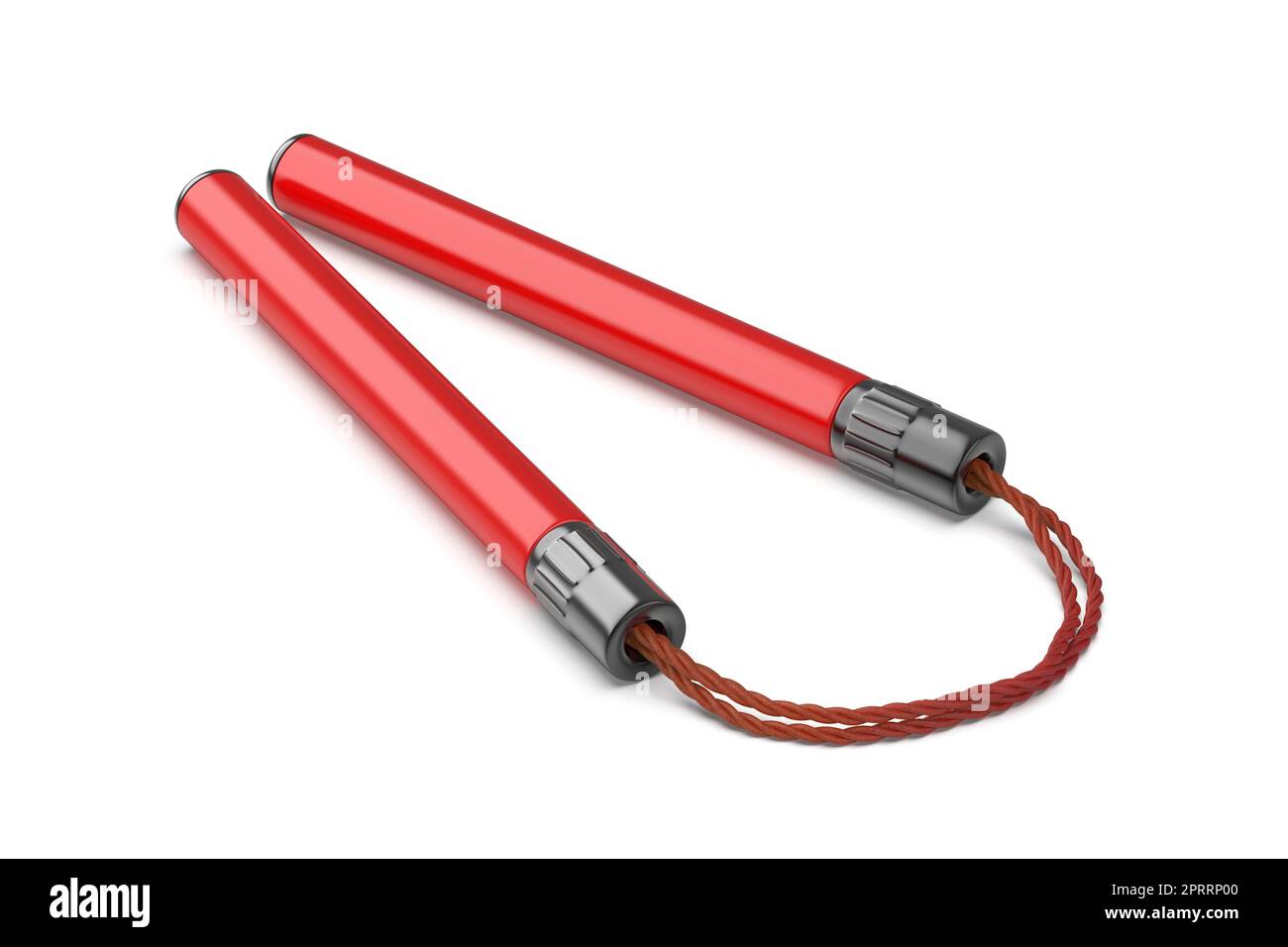 Nunchaku rouge avec cordon sur fond blanc Banque D'Images