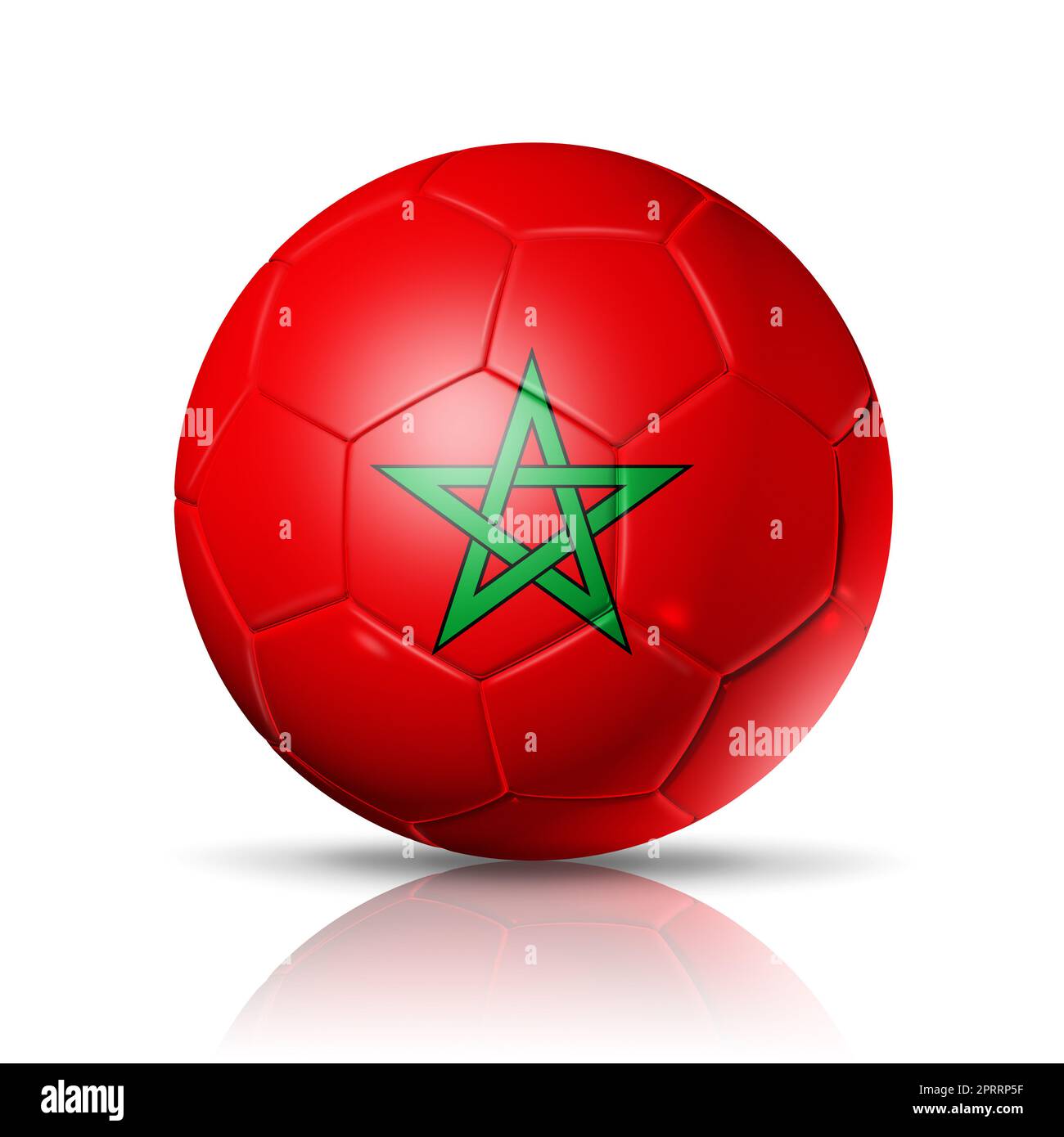 Ballon de football 3D avec drapeau de l'équipe marocaine. Isolé sur blanc avec passe-cheveux. Football 2022. Illustration Banque D'Images