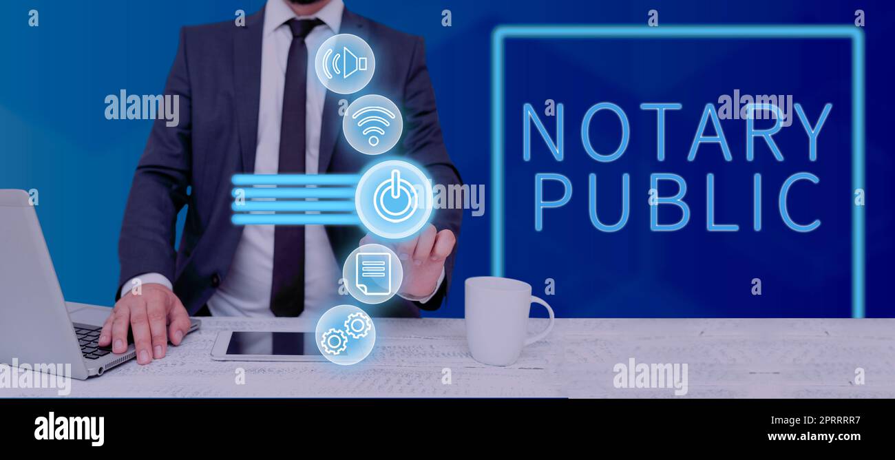 Affichage conceptuel notaire public. Concept signification légalité Documentation autorisation Contrat de certification Banque D'Images