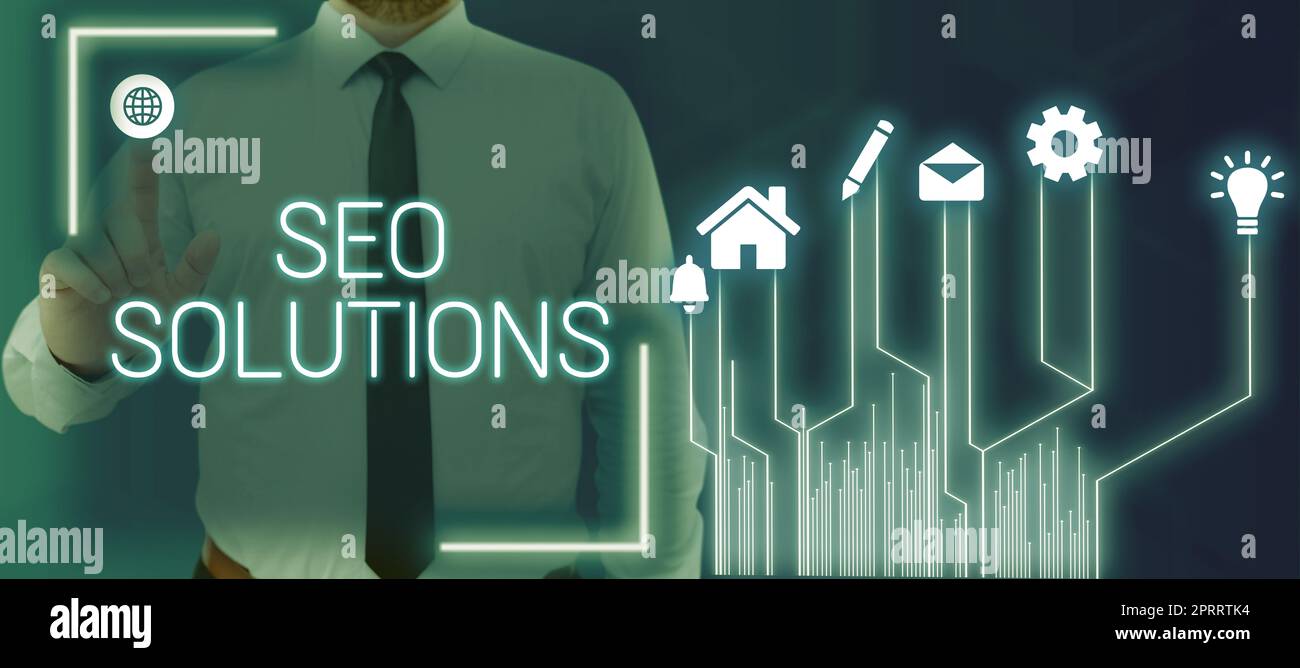 Légende conceptuelle Seo Solutions. Page de résultat du moteur de recherche de photo conceptuelle augmenter les visiteurs par classement Banque D'Images