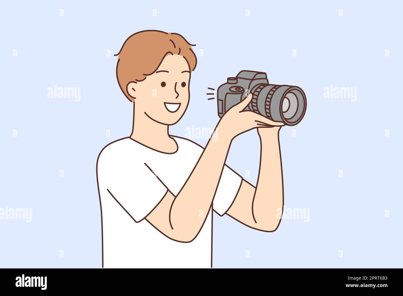 Jeune homme souriant avec un appareil photo professionnel qui prend des photos. Joyeux photographe travaillant avec l'équipement. Photographie. Illustration vectorielle. Banque D'Images