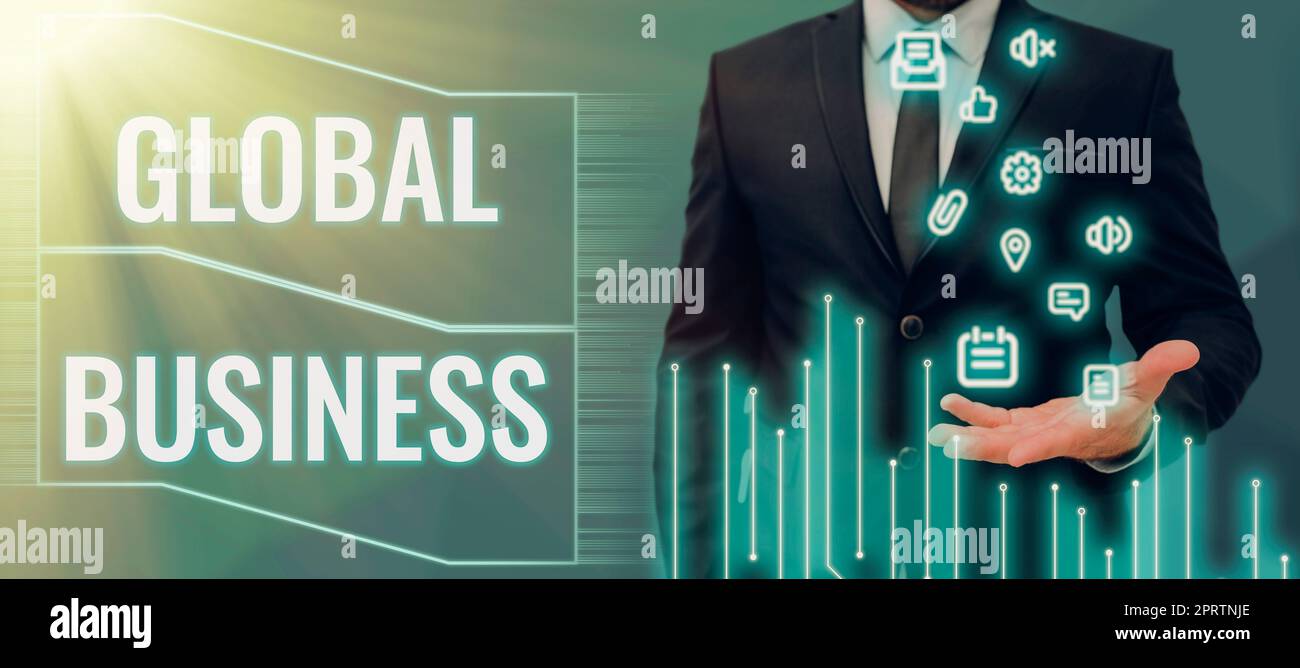 Légende présentant Global BusinessTrade et le système d'entreprise d'une entreprise du monde entier. Mot pour le commerce et le système d'affaires une entreprise faisant à travers le monde Banque D'Images
