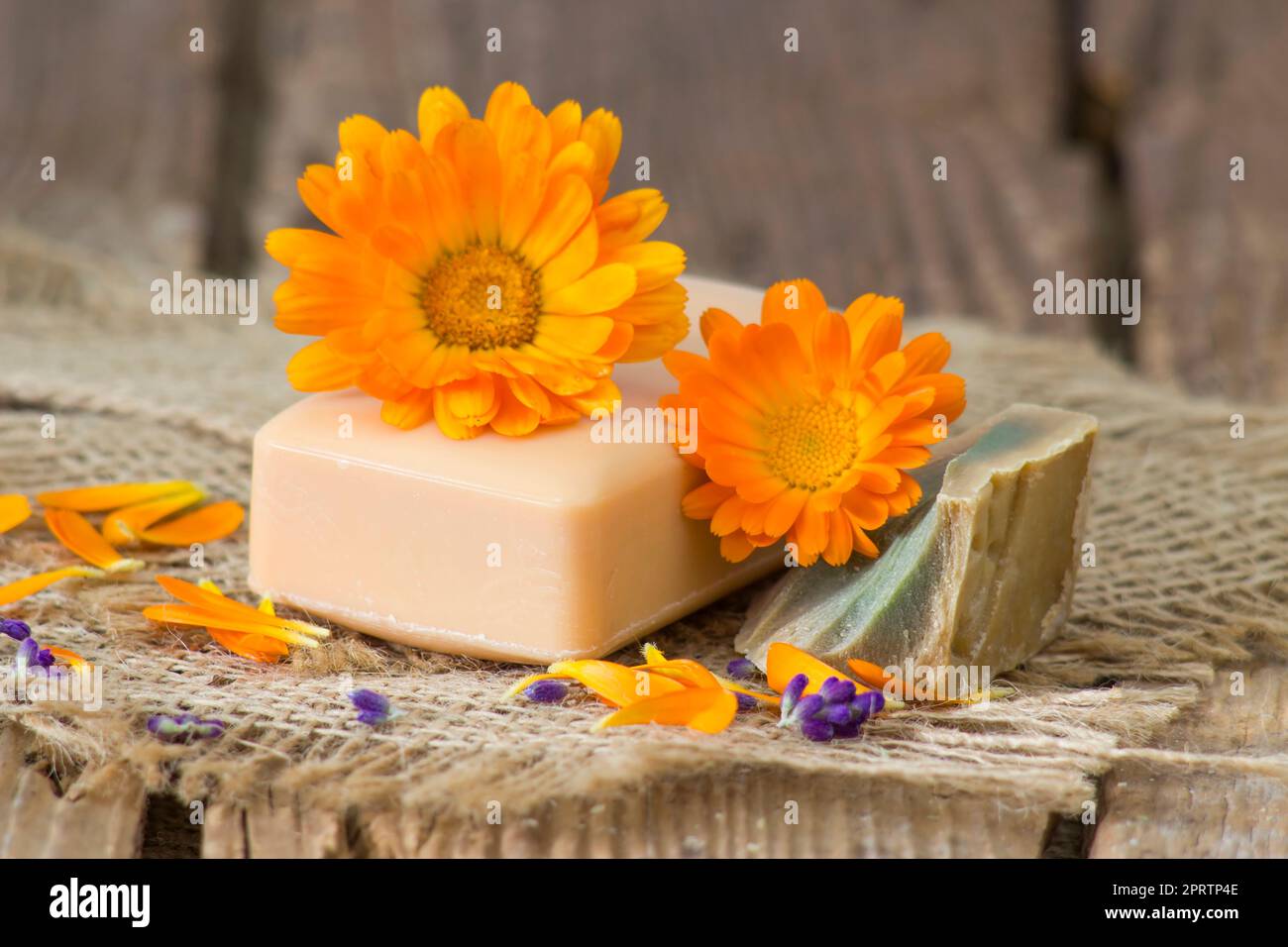 Savon naturel fait à la main avec calendula (marigold en pot) sur fond de bois rustique Banque D'Images