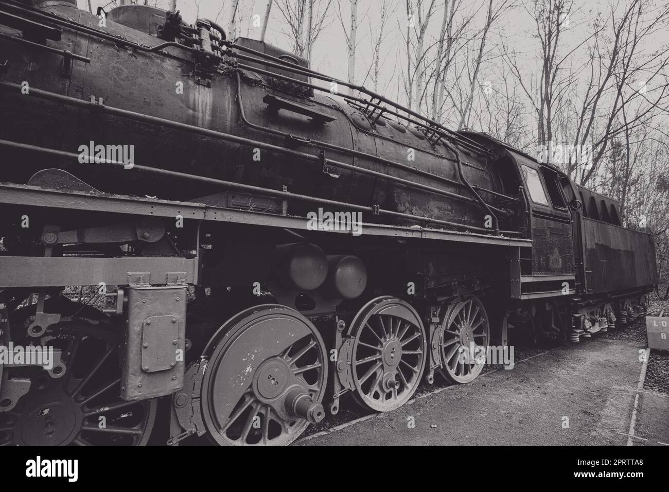 Locomotive à vapeur en blanc noir, garée à un terminal. Historique Banque D'Images