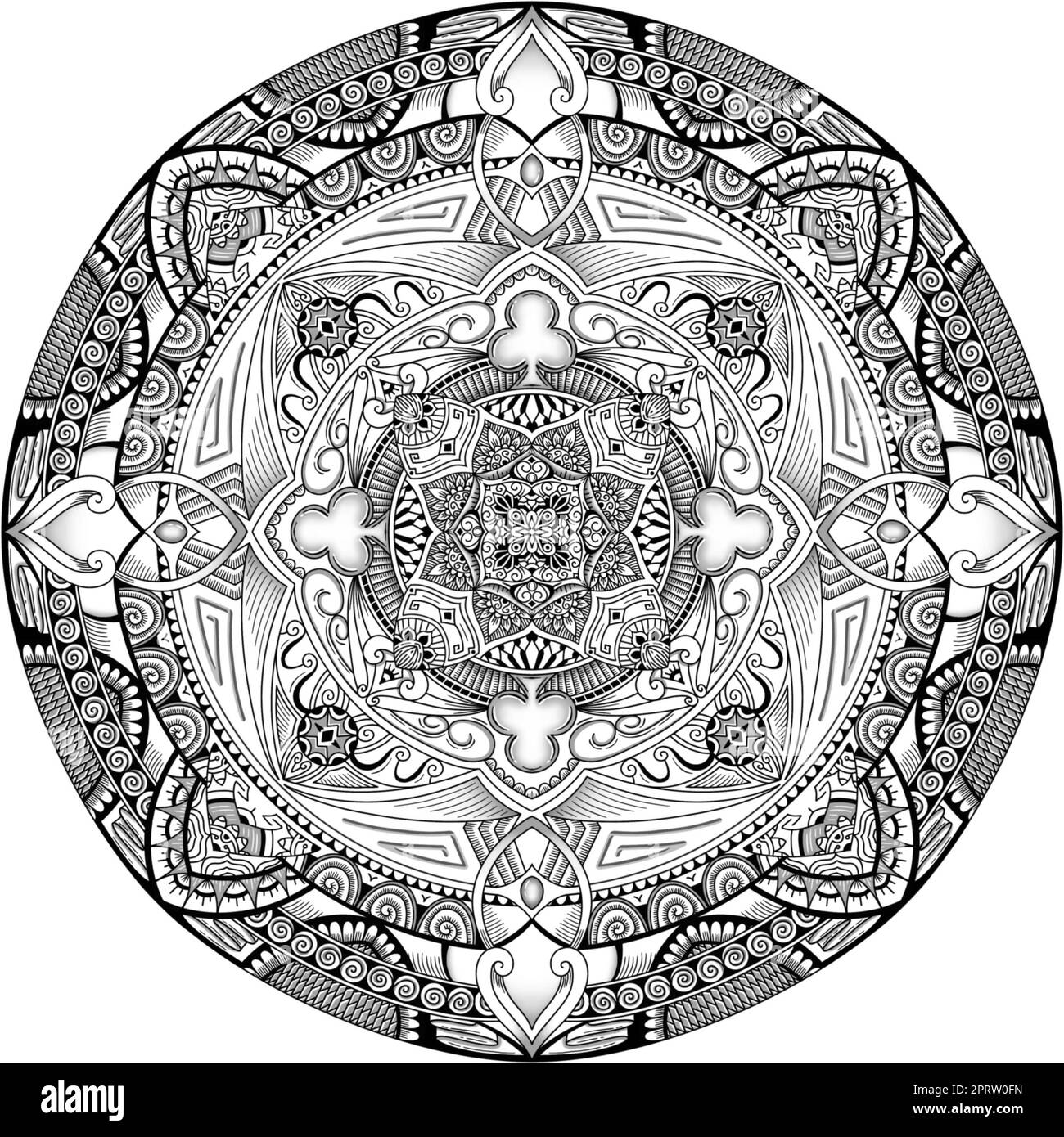 Mandala fleur. Motif décoratif monochrome. Backgroun oriental, illustration ethnique. Islamique, arabe, indien, mystique, motif. Banque D'Images
